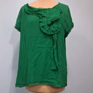 Talbots Womens Top Sz 12 Silk Lined Kelly Green Abstract Ruffle Blouse Career